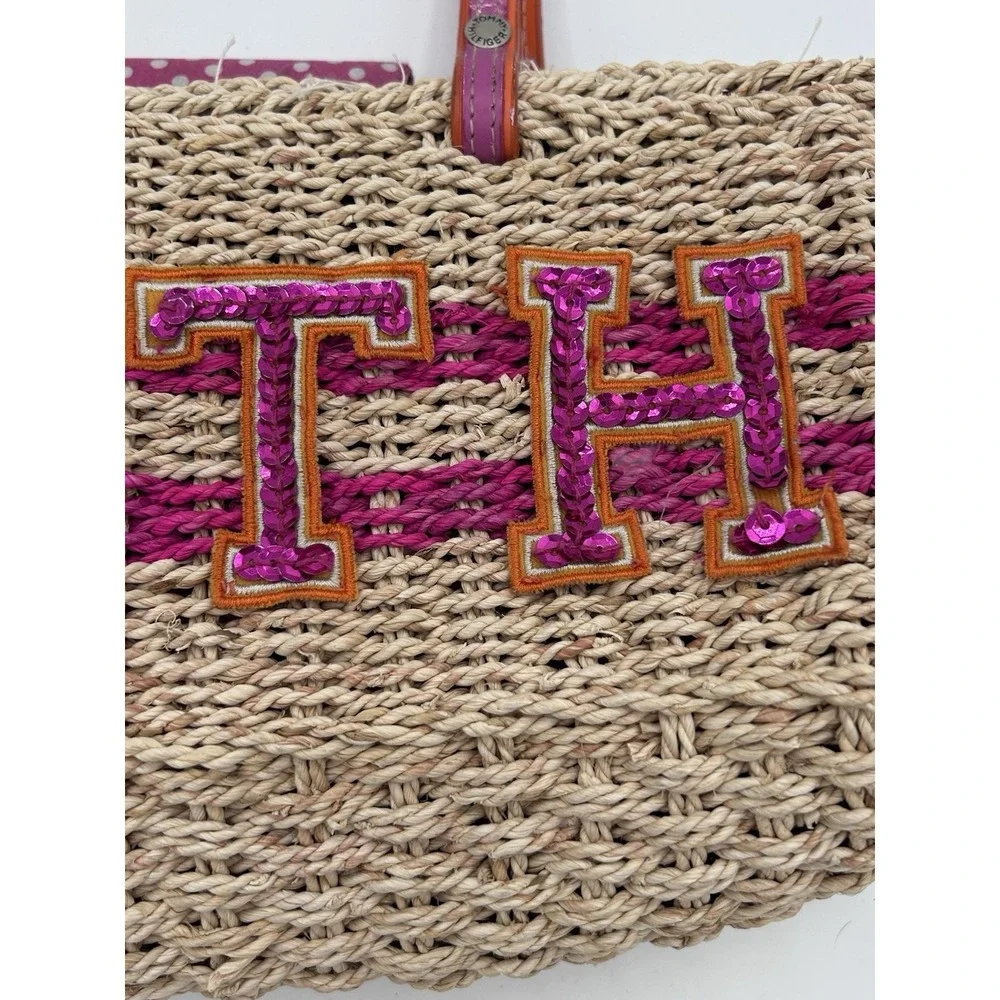 Tommy Hilfiger Straw Raffia Tote Bag TH Monogram Beach Resort Shoulder Bag Y2K